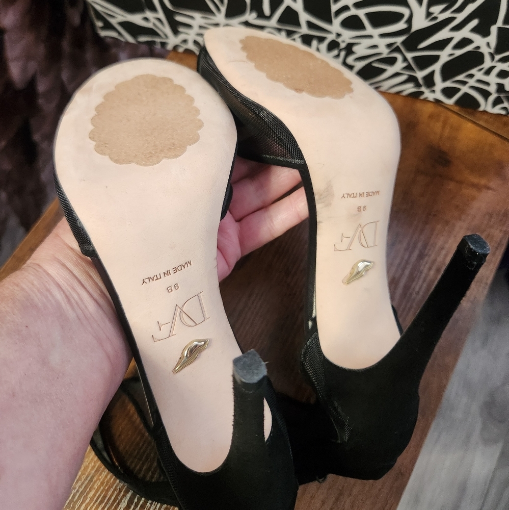 Nib Diane Von Furstenberg Suede D'Orsay Black and Gold Heels with Stiletto Sz 9M - Picture 8 of 11